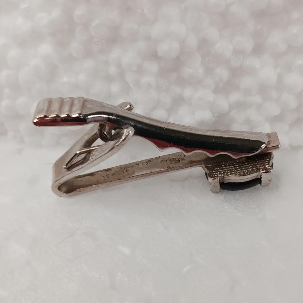 Silver Tie Clip Onyx Natural Black Onyx, Elegant Classic Timeless Vintage